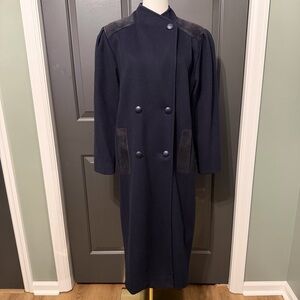 Vintage Jonathan Michael Navy Wool Long Coat | USA Made | Leather Look Accents